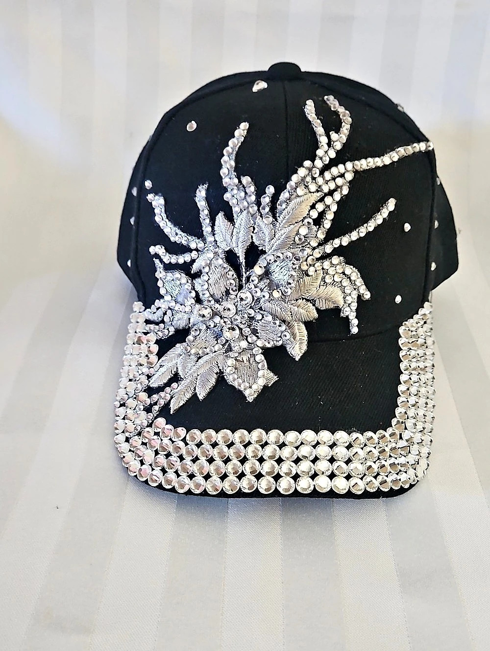 Rhinestone Embellished Baseball Cap in Black & Silver